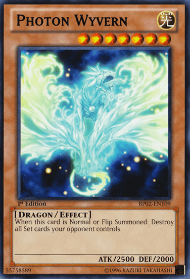 A Yu-Gi-Oh! card titled "Photon Wyvern [BP02-EN109] Rare". This rare Effect Monster features a dragon made of light energy with wings spread wide, surrounded by glowing effects. With an ATK of 2500 and DEF of 2000, its card text reads: "When this card is Normal or Flip Summoned: Destroy all Set cards your opponent controls.