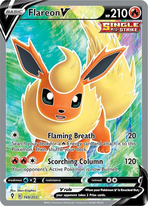 A Flareon V (169/203) [Sword & Shield: Evolving Skies] card from Pokémon showcases Flareon, an orange, fox-like creature with a bushy yellow mane and tail, against a dynamic, fiery background. This Ultra Rare card displays "Flareon V" with 210 HP and features moves like "Flaming Breath" and "Scorching Column." It's labeled 169/203.