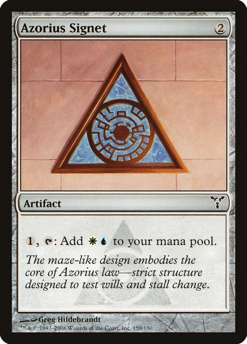 A *Magic: The Gathering* card named "Azorius Signet [Dissension]" from the Dissension set. The card features a maze-like triangular design against a blue background, set on a peach-colored wall. As an artifact card, it costs 2 mana and can be tapped by paying 1 mana to add 1 white and 1 blue mana to your pool.