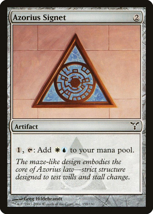 A *Magic: The Gathering* card named "Azorius Signet [Dissension]" from the Dissension set. The card features a maze-like triangular design against a blue background, set on a peach-colored wall. As an artifact card, it costs 2 mana and can be tapped by paying 1 mana to add 1 white and 1 blue mana to your pool.