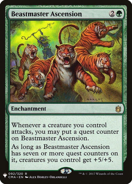 The image shows a Magic: The Gathering product named Beastmaster Ascension [Mystery Booster]. The card art depicts several tigers leaping toward the viewer in a jungle setting. This enchantment, costing 2G, gains quest counters from attacks and boosts creatures when seven or more counters are present.