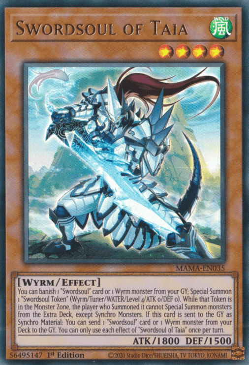 A Yu-Gi-Oh! trading card titled "Swordsoul of Taia [MAMA-EN035] Ultra Rare." It features a warrior in silver and blue armor wielding a large sword, with green energy swirling around. The card is labeled as an Effect Monster Wyrm with 1800 ATK and 1500 DEF. The effect text details summoning and special conditions, including the creation of a Swordsoul.