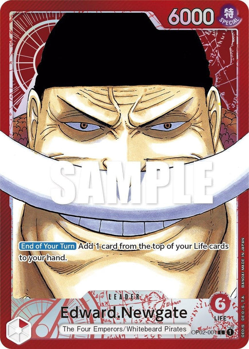 A trading card, OP02-001, features Edward Newgate from the One Piece series. With a large crescent-shaped mustache and a stern expression, this Leader Card boasts an attack power of 6000. The description reads: "End of Your Turn: Add 1 card from the top of your Life cards to your hand." This card is part of the Bandai Edward.Newgate (Alternate Art) [Paramount War] collection.