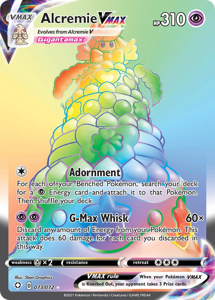 A Pokémon trading card depicts Alcremie VMAX, a Gigantamax form with a vibrant, multi-colored appearance resembling a tall, intricate cake. The Secret Rare card shows 310 HP, a Fairy symbol, and two moves: Adornment and G-Max Whisk. Decorative symbols and text highlight its dazzling format and abilities. Alcremie VMAX (073/072) [Sword & Shield: Shining Fates] by Pokémon showcases these features beautifully.