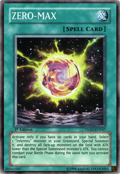 The image is of a Yu-Gi-Oh! trading card named "Zero-Max [TSHD-EN047] Super Rare" from The Shining Darkness set. It is a Normal Spell Card with an illustrated background of an explosive yellow and green energy burst emanating from a dark void. The card's effect text is in a white box at the bottom, and it has the serial number TSHD-EN047.