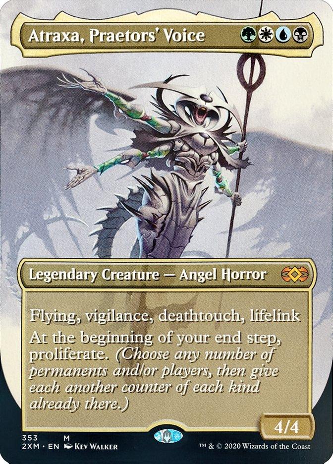 A Magic: The Gathering card titled "Atraxa, Praetors' Voice (Toppers) [Double Masters]," a Mythic from Double Masters. It depicts a fearsome Phyrexian Angel Horror with dark wings and ornate armor, holding a glowing staff. Boasting Flying, Vigilance, Deathtouch, and Lifelink abilities, its power and toughness are both 4.