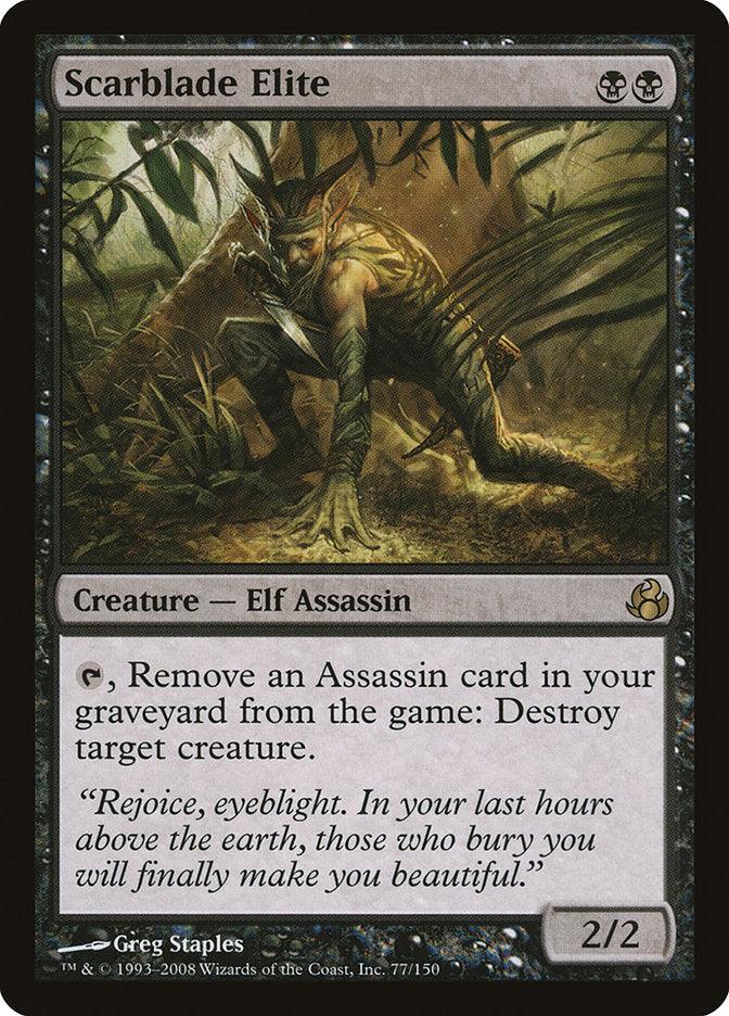 A Magic: The Gathering product named "Scarblade Elite [Morningtide]" from the brand Magic: The Gathering. It features an Elf Assassin crouching in a forest with a dagger in hand. The card requires black mana to cast and can destroy target creature by removing an Assassin card from the graveyard. Its power and toughness are 2/2.