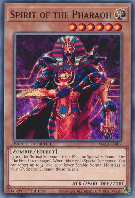 The image shows a Yu-Gi-Oh! trading card titled "Spirit of the Pharaoh [SGX3-ENI05] Common." The card features an illustration of a golden-armored, red-and-blue-robed pharaoh with glowing eyes and a large ankh. It is a Level 6 Light Zombie/Effect Monster with 2500 ATK and 2000 DEF and can be Special Summoned.