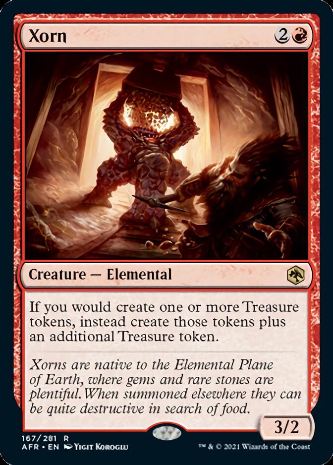 A Magic: The Gathering card depicting Xorn [Dungeons & Dragons: Adventures in the Forgotten Realms], a creature from the Adventures in the Forgotten Realms set. Xorn, hailing from the Elemental Plane of Earth, is shown as a red, rocky elemental creature. The card costs 2 colorless and 1 red mana and has a power/toughness of 3/2. It doubles the creation of Treasure tokens.