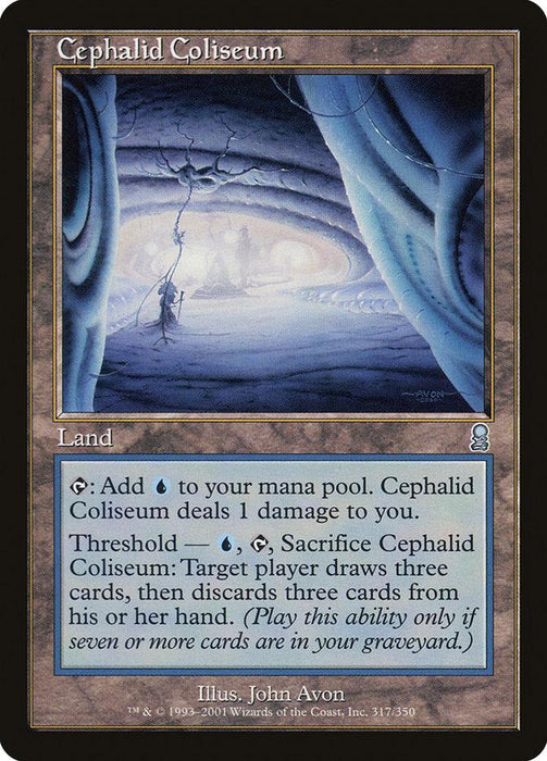 A Magic: The Gathering product titled "Cephalid Coliseum [Odyssey]" from the Odyssey set. The card type is "Land." Artwork shows a dim, eerie underwater hall with blue, organic structures and Cephalid creatures. Card text includes mana abilities and a special threshold ability. The card's artist is John Avon.