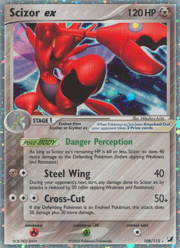 The Pokémon Scizor ex (108/115) [EX: Unseen Forces] card boasts 120 HP and a stunning holographic design with a silver border, making it an Ultra Rare treasure from the Unseen Forces series. Featuring a red Scizor with large pincers, this card includes key moves like Steel Wing, delivering 40 damage, and Cross-Cut, dealing 50+ damage. The abilities and effects are detailed in the accompanying text on this coveted part of the series numbered 108 out of 115.