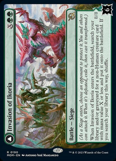 A Magic: The Gathering card titled "Invasion of Ikoria // Zilortha, Apex of Ikoria [March of the Machine]" features vibrant art with numerous fantasy creatures, including a prominent jagged-toothed Legendary Creature — Dinosaur and exotic flora. The card has green elements with a casting cost of X and two green mana. It's a Battle Siege card with an effect description.