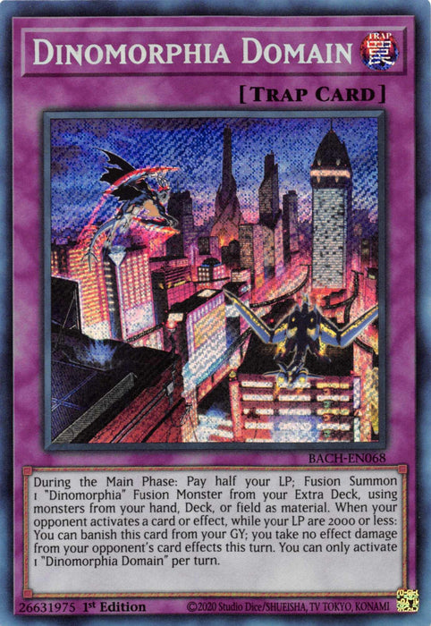 Image of a “Dinomorphia Domain [BACH-EN068] Secret Rare” Normal Trap Card from the Yu-Gi-Oh! trading card game. The card features a dark, sci-fi cityscape with futuristic buildings and a flying dragon-like creature. Its description text explains its effect, conditions, and restrictions in summoning Dinomorphia Fusion Monsters.