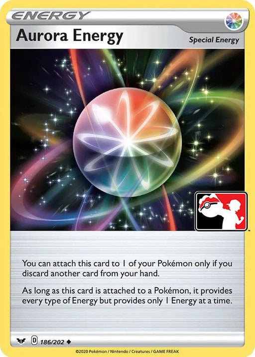 A Pokémon card titled "Aurora Energy (186/202) [Prize Pack Series One]" with a swirling, rainbow-colored background and a glowing, multi-colored orb in the center. As an Uncommon Special Energy, it allows attachment to a Pokémon by discarding another card and provides every type of energy as one when attached. It's card number 186/202 from the Pokémon brand.