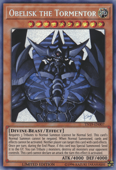 A Yu-Gi-Oh! card named Obelisk the Tormentor [TN19-EN007] Prismatic Secret Rare, a Prismatic Secret Rare from the 2019 Gold Sarcophagus Tin. The card showcases an armored humanoid creature with wings and claws, boasting 4000 attack and 4000 defense points. It details the summoning requirements and abilities. Labeled TN19-EN007, this limited edition is an