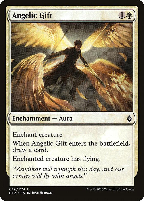A Magic: The Gathering card titled "Angelic Gift [Battle for Zendikar]." This Enchantment Aura features a dark-clad figure with golden wings wielding a sword, surrounded by a radiant, ethereal glow. The card belongs to the "BFZ" Zendikar set and grants flying to an enchanted creature while drawing you a card upon entry.