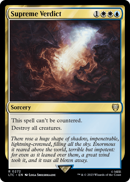 A Magic: The Gathering card named "Supreme Verdict [The Lord of the Rings: Tales of Middle-Earth Commander]." This Sorcery, costing 1 white, 2 blue, and 1 generic mana, cannot be countered and destroys all creatures. The artwork by Liiga Smilshkalne portrays a massive, lightning-crowned shadow in an apocalyptic storm reminiscent of the epic tales from The Lord of the Rings.