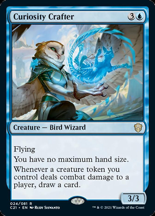 A rare Magic: The Gathering card from Commander 2021, Curiosity Crafter [Commander 2021] features a bird-like wizard with blue and white feathers holding a glowing magical orb. This Creature — Bird Wizard has flying, no maximum hand size, and lets you draw a card when your creature tokens deal combat damage. Stats: 3/3, mana cost: 3 colorless, 1 blue