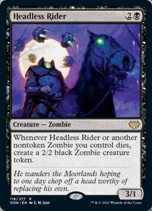 A Magic: The Gathering card titled "Headless Rider [Innistrad: Crimson Vow]" from Magic: The Gathering. It depicts a headless, armored Zombie holding a double-headed axe with ghostly, glowing skulls in the background. A Rare card costing 2B mana, it has 3 power and 1 toughness, creating a 2/2 black Zombie token when it or another nontoken.