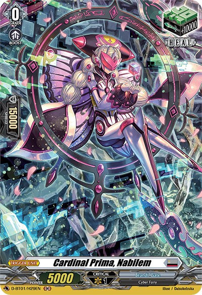 Introducing the Cardinal Prima, Nabilem (D-BT01/H29EN) [Genesis of the Five Greats] card from Bushiroad's Cardfight Vanguard series. This fantasy card features a cyber fairy character with metallic wings, armored limbs, and a halo-like ring adorned with futuristic decor. It boasts impressive stats including a power of 5000, a critical of 1, and a heal trigger effect.