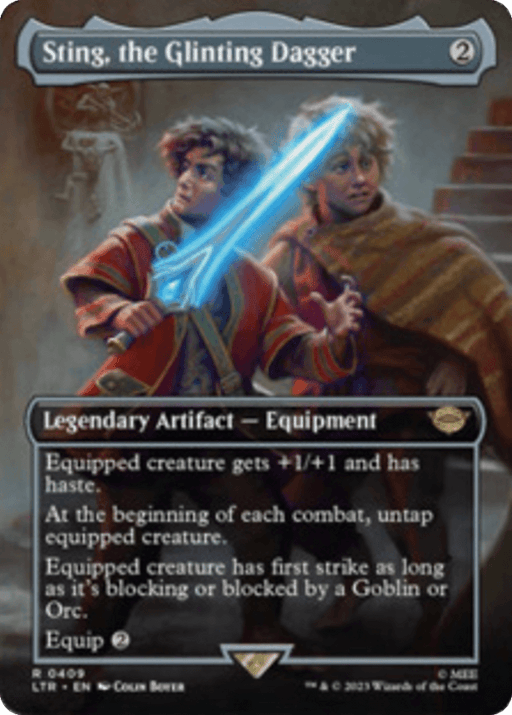 A Magic: The Gathering card titled "Sting, the Glinting Dagger (Borderless Alternate Art) [The Lord of the Rings: Tales of Middle-Earth]." The artwork shows two people, one holding a glowing blue dagger with an intricate hilt. This legendary artifact equipment endows an equipped creature with enhanced power, combat speed, and first strike capabilities straight out of The Lord of the Rings.