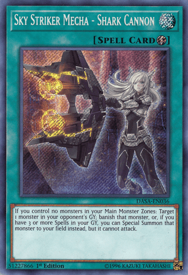 A Yu-Gi-Oh! card titled Sky Striker Mecha - Shark Cannon [DASA-EN036] Secret Rare, identified as a Secret Rare Quick Play Spell Card. It features an armored female with long, flowing hair, wielding a large, high-tech cannon emitting bright, fiery energy. Text describes its effects, including the ability to Special Summon. Card codes and credits are at the bottom.