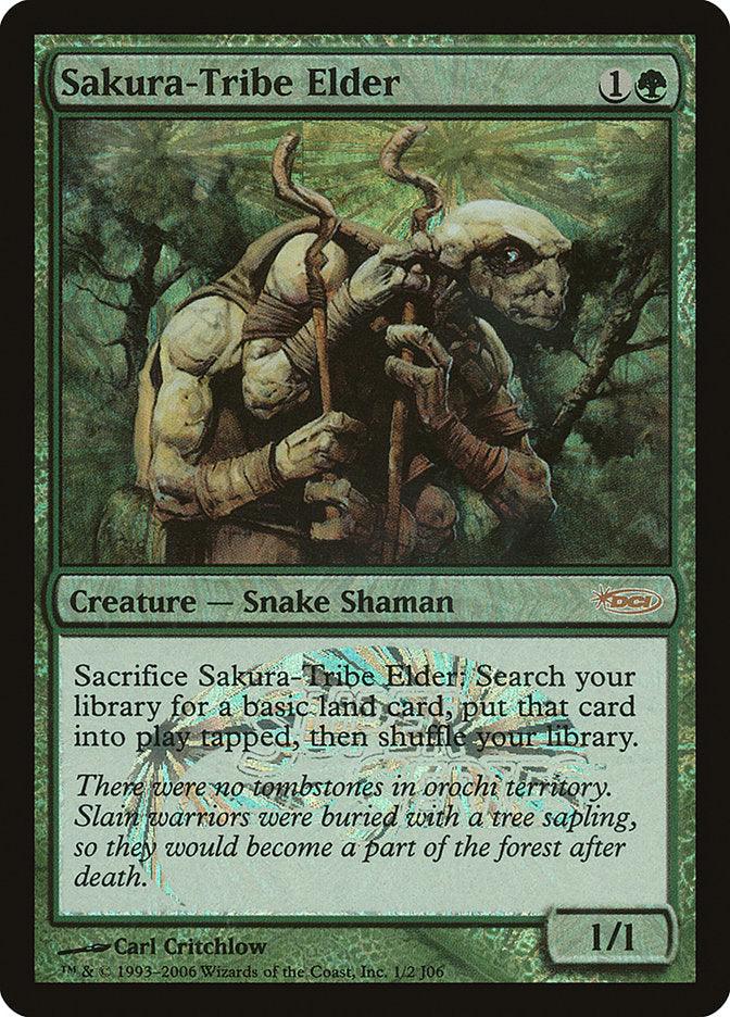 The Magic: The Gathering card "Sakura-Tribe Elder [Junior Super Series]" features a robed humanoid snake shaman with a staff on its green border, showcasing its ability: "Sacrifice Sakura-Tribe Elder to search for a basic land card and put it onto the battlefield tapped, then shuffle.