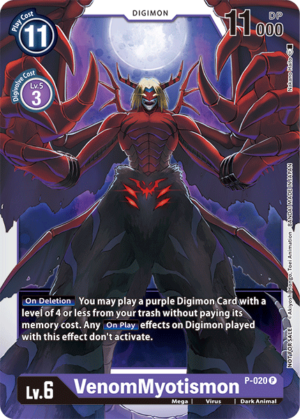 The VenomMyotismon [P-020] card from the Digimon Promotional Cards features a dark and sinister figure with muscular red and black armor, large bat-like wings, and sharp claws. The full moon background adds to the eerie atmosphere. This Level 6 card has a play cost of 11, a DP of 11,000, and a digivolve cost of 3 from Level 5. Perfect for fans of Promotional Cards!