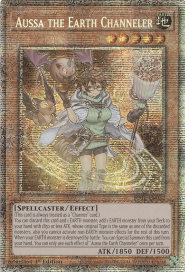 A "Yu-Gi-Oh!" trading card titled "Aussa the Earth Channeler [POTE-EN032] Starlight Rare," from the Power of the Elements set. The card features an anime-style character wielding a staff, accompanied by two small creatures floating beside her. It has attributes including ATK 1850 and DEF 1500, with detailed effect text at the bottom.