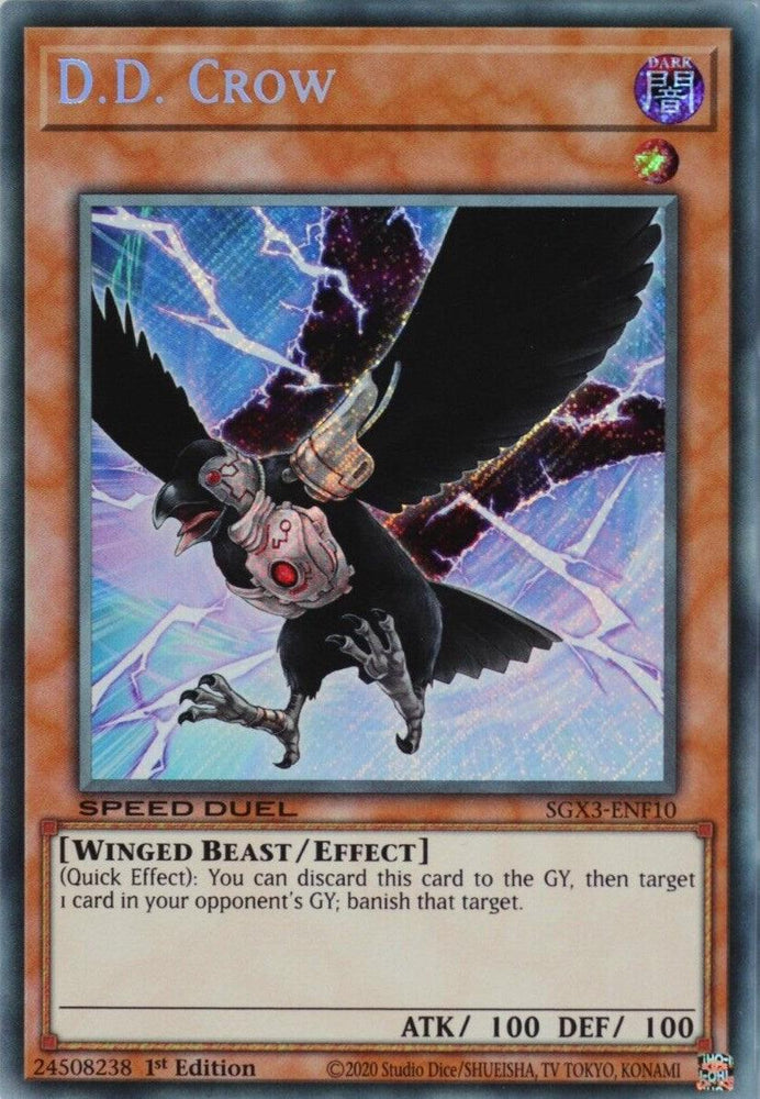 The Yu-Gi-Oh! trading card D.D. Crow [SGX3-ENF10] Secret Rare showcases a striking illustration of a black crow with outstretched wings, enveloped in purplish lightning. As a Winged Beast/Effect Monster, it boasts ATK and DEF stats of 100 each and has the unique ability to banish a card from the opponent's graveyard in Speed Duel GX.