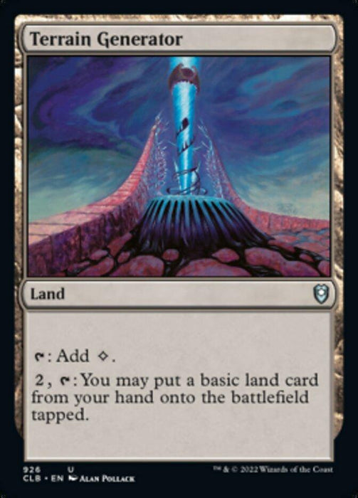 A card from Magic: The Gathering titled 'Terrain Generator [Commander Legends: Battle for Baldur's Gate].' It features an illustration of a jagged, rocky terrain with a glowing blue energy beam shooting upward from a fissure in the center. Common in Commander Legends, its text describes abilities and mana costs for gameplay, aiding basic land management.