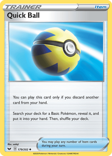 The image depicts a Pokémon Trading Card from the Sword & Shield Base Set named "Quick Ball (179/202) [Sword & Shield: Base Set]" by Pokémon. The card features a blue and yellow ball with a lightning bolt design on a white background. As an item, you can play it by discarding another card, then search your deck for a Basic Pokémon. The card is numbered 179/202.