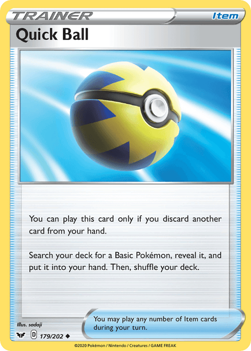 The image depicts a Pokémon Trading Card from the Sword & Shield Base Set named "Quick Ball (179/202) [Sword & Shield: Base Set]" by Pokémon. The card features a blue and yellow ball with a lightning bolt design on a white background. As an item, you can play it by discarding another card, then search your deck for a Basic Pokémon. The card is numbered 179/202.