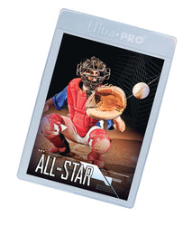 The Ultra PRO: Lip Tall Sleeves (semi-rigid, 200ct) securely hold a baseball trading card featuring a catcher in red and blue gear, ready to catch. Dynamic lines surround him, with "All-Star" bold in white at the bottom. Perfect fit for collectors who want to protect their cards.