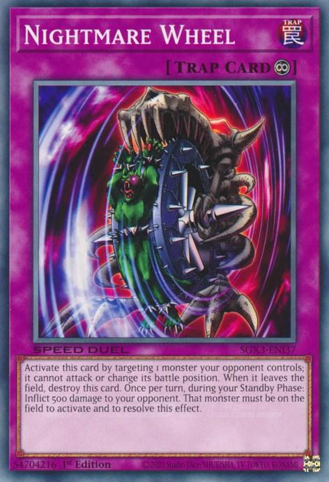 The "Nightmare Wheel [SGX3-ENI37] Common" Yu-Gi-Oh! Continuous Trap card features a dark, grotesque wheel adorned with spikes, chains, and a menacing face. The purple backdrop accentuates the wheel as it restrains a green dragon-like creature. In Speed Duel GX, this card inflicts 500 damage to your opponent each turn it's activated.