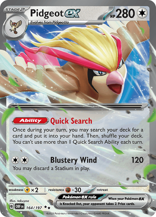 A Double Rare Pokémon trading card featuring Pidgeot ex (164/197) [Scarlet & Violet: Obsidian Flames]. This card shows Pidgeot, a large bird Pokémon with red and yellow plumage and a long tail. It has 280 HP. Abilities include "Quick Search" and "Blustery Wind". The card is number 164 out of 197.