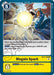 The Digimon option card called "Megalo Spark [BT11-100] [Dimensional Phase]" features a dragon-like Digimon emitting a powerful yellow energy blast. With a cost of 5, this card has an effect that reduces the opposing Digimon's DP by 8000 if a yellow Tamer is in play. The card is marked as "Sample.