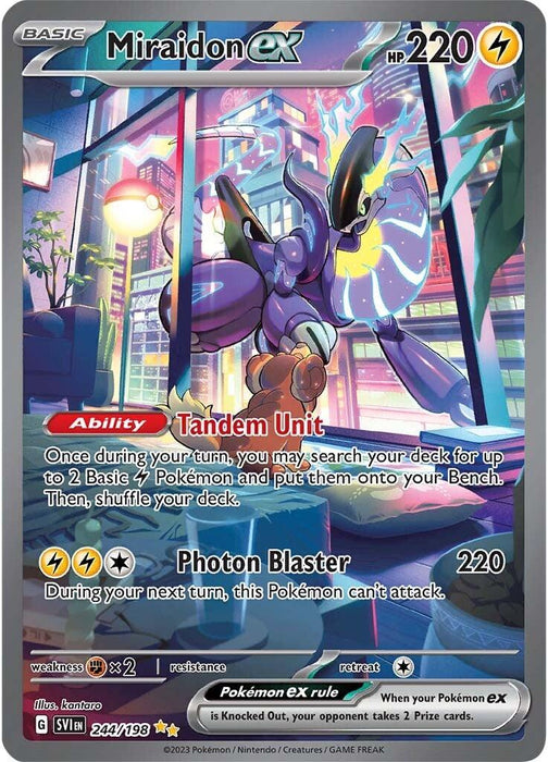 A Pokémon trading card from the Scarlet & Violet Base Set featuring Miraidon ex (244/198) [Scarlet & Violet: Base Set] with 220 HP. The card shows a sleek, robotic dragon against a lightning-filled, stormy background. It has the "Tandem Unit" ability to search for Basic Pokémon and the "Photon Blaster" attack dealing 220 damage but preventing attacking next turn.