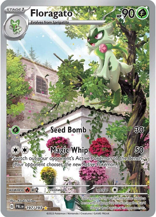 A Pokémon Floragato (197/193) [Scarlet & Violet: Paldea Evolved] card featuring an evolved form of Sprigatito from the Scarlet & Violet series. The Illustration Rare card showcases Floragato, a green cat-like Pokémon with leaves, standing on a stone balcony in a garden filled with flowers and plants. The card has 90 HP and includes moves Seed Bomb and Magic Whip with details on their effects.