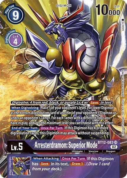 A Digimon Arresterdramon: Superior Mode [BT12-083] (Alternate Art) [Across Time] card featuring purple, yellow, and red organic armor, glowing blue eyes, and a large sword. The card showcases its stats: "9 Play Cost," "10,000 DP," and "Lv. 5." It includes intricate digivolving and attack information.
