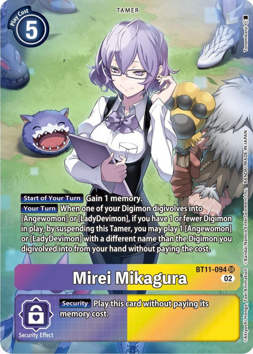 A Digimon card featuring Mirei Mikagura [BT11-094] (Alternate Art) [Dimensional Phase], with her light purple hair and glasses, holding a clipboard. Surrounding her are small Digimon creatures. The card details her abilities within the Dimensional Phase and has a cost of five indicated at the top left, with a predominantly purple color scheme.