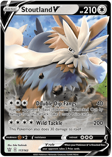 A Stoutland V (117/163) [Sword & Shield: Battle Styles] Pokémon card from Pokémon displaying the character Stoutland in an action pose with HP 210. This Ultra Rare card's moves, "Double Dip Fangs" and "Wild Tackle," deal significant damage. Featuring the number 117/163, it also includes resistance and weakness stats.