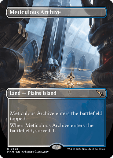 A "Magic: The Gathering" card titled "Meticulous Archive (Borderless) [Murders at Karlov Manor]." It depicts a room with high arched ceilings, filled with stone columns and illuminated by ethereal light. An array of books and scrolls are seen, some levitating. This Land – Plains Island card is part of the Murders at Karlov Manor series and has special abilities noted in a text box.