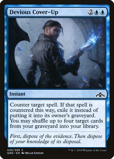 The image is of the Magic: The Gathering card Devious Cover-Up [Guilds of Ravnica]. It depicts a character in dark clothing holding a glowing blue staff. This instant counter target spell, exiling it and allowing the player to shuffle up to four cards from their graveyard into their library.