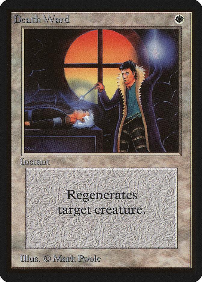 Magic: The Gathering Death Ward [Beta Edition], illustrated by Mark Poole, depicts a robed male figure casting a resurrection spell over a lifeless body on a table. As an instant spell, the text reads, 