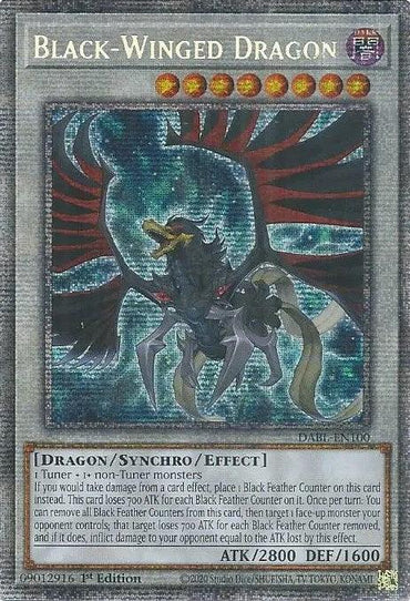 The Yu-Gi-Oh! card, "Black-Winged Dragon [DABL-EN100] Starlight Rare," is a Synchro/Effect Monster featuring black wings with red accents. It boasts an ATK of 2800 and DEF of 1600, with card text that outlines abilities for managing damage and counters, echoing the style of the Darkwing Blast set.