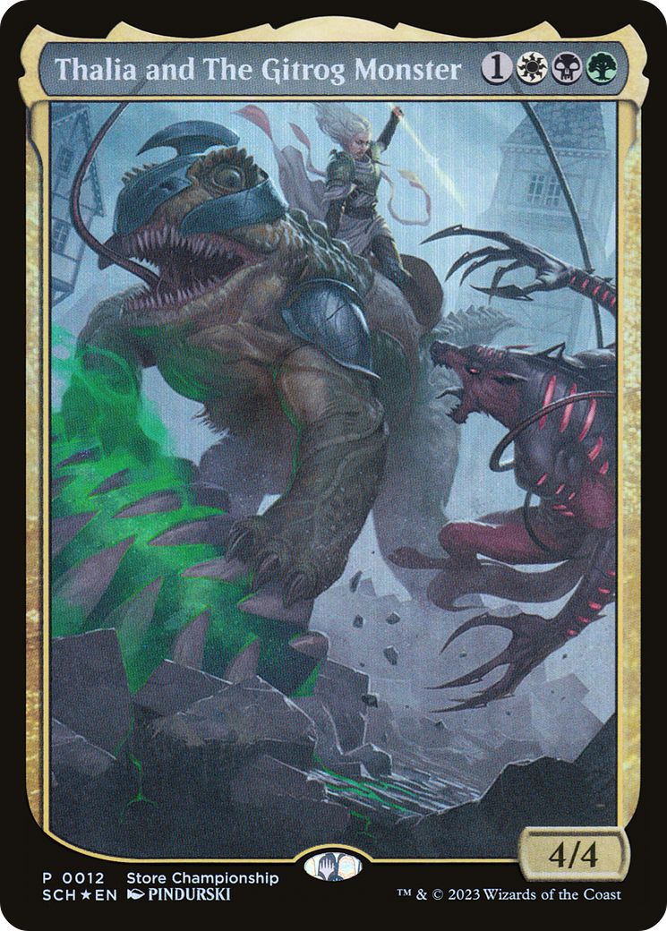 A fantasy art card from Magic: The Gathering [Store Championships 2023] shows a knight, Thalia, riding a large, monstrous frog-like creature in combat. The Legendary Creature has green spikes and a rope bridle; Thalia holds a sword. They face a red, winged demon with claws in a stormy, mystical landscape with a foggy atmosphere.