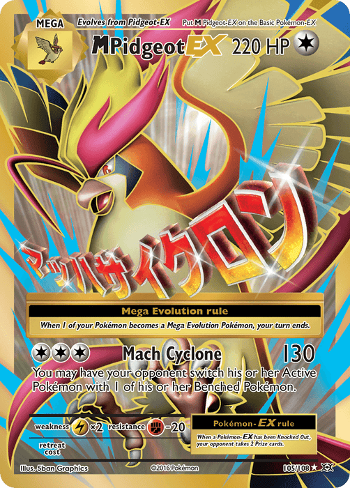 A M Pidgeot EX (105/108) [XY: Evolutions] Pokémon trading card featuring the Colorless Mega Pidgeot EX with 220 HP. The card displays a dynamic illustration of Mega Pidgeot in flight with bright colors. As an Ultra Rare from the XY: Evolutions set, it includes "Mach Cyclone" attack with 130 damage and a Mega Evolution rule. Card number 105/108, illustrated by 5ban Graphics.