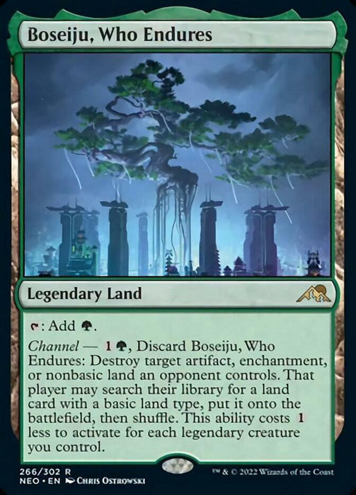 A "Magic: The Gathering" product called "Boseiju, Who Endures [Kamigawa: Neon Dynasty]." It is a Rare Legendary Land card with green borders and intricate artwork of a mystical tree in a foggy, ethereal forest. It has abilities that involve adding green mana, destruction of enchantments, and land searches.