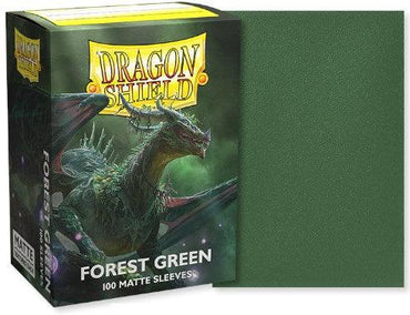 Arcane Tinmen's Dragon Shield Standard 100ct Sleeves in "Forest Green" feature matte sleeves, artwork of a winged green dragon enveloped by a forest, and the text "Dragon Shield.